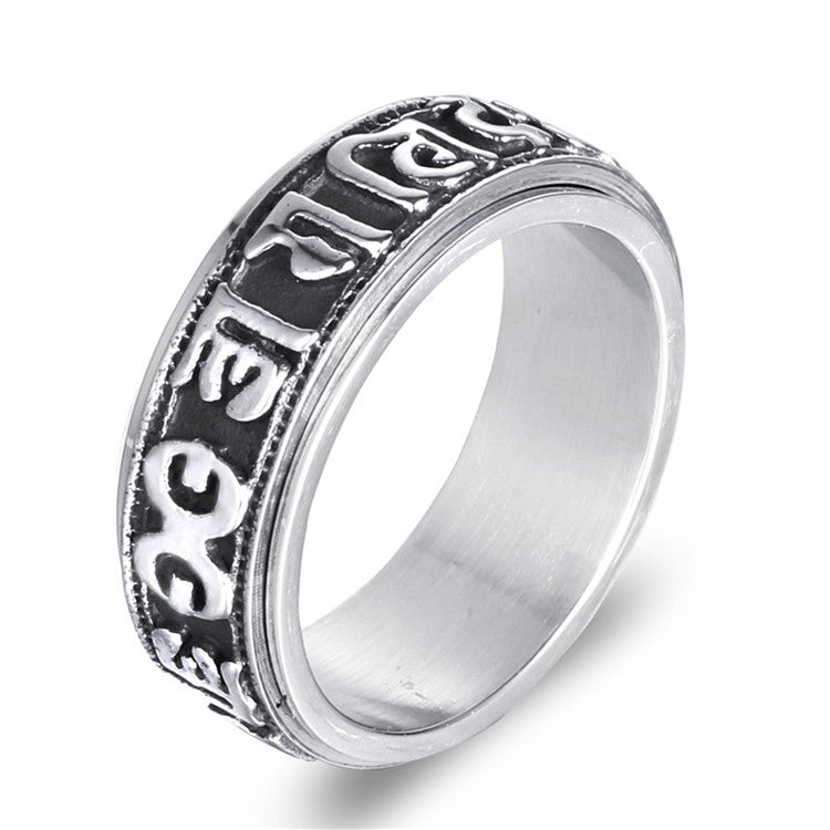 Titanium Steel Punk Turning Ring with Six-Character Mantra for Men