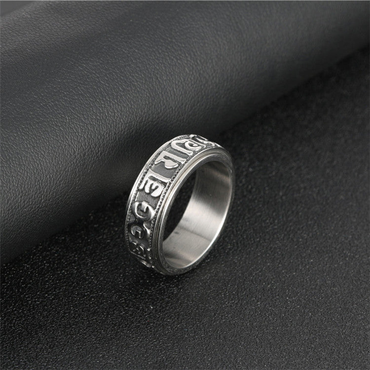 Titanium Steel Punk Turning Ring with Six-Character Mantra for Men