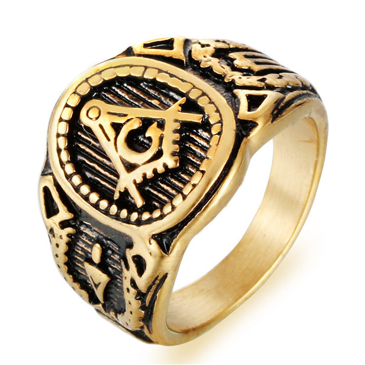 Titanium Steel Gold Freemason Ring for Men - Punk-Inspired Trendy Accessory