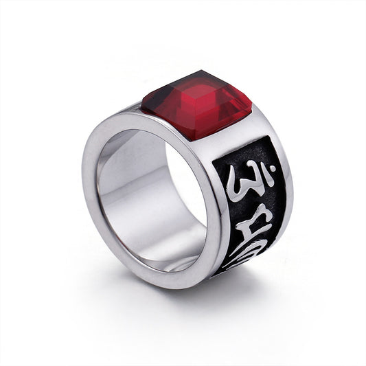 Dominant Men's Red Zircon Titanium Steel Ring with Six-Character Mantra, Direct Factory Sale