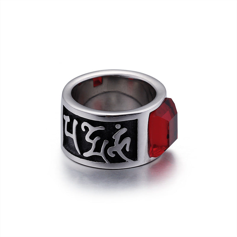 Dominant Men's Red Zircon Titanium Steel Ring with Six-Character Mantra, Direct Factory Sale