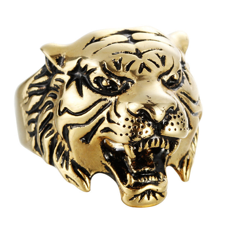 Titanium Steel Retro Tiger Head Ring for Men - Bold European and American Jewelry