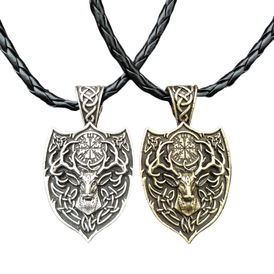 Nordic Viking Deer Head Necklace with Odin Compass Pendant