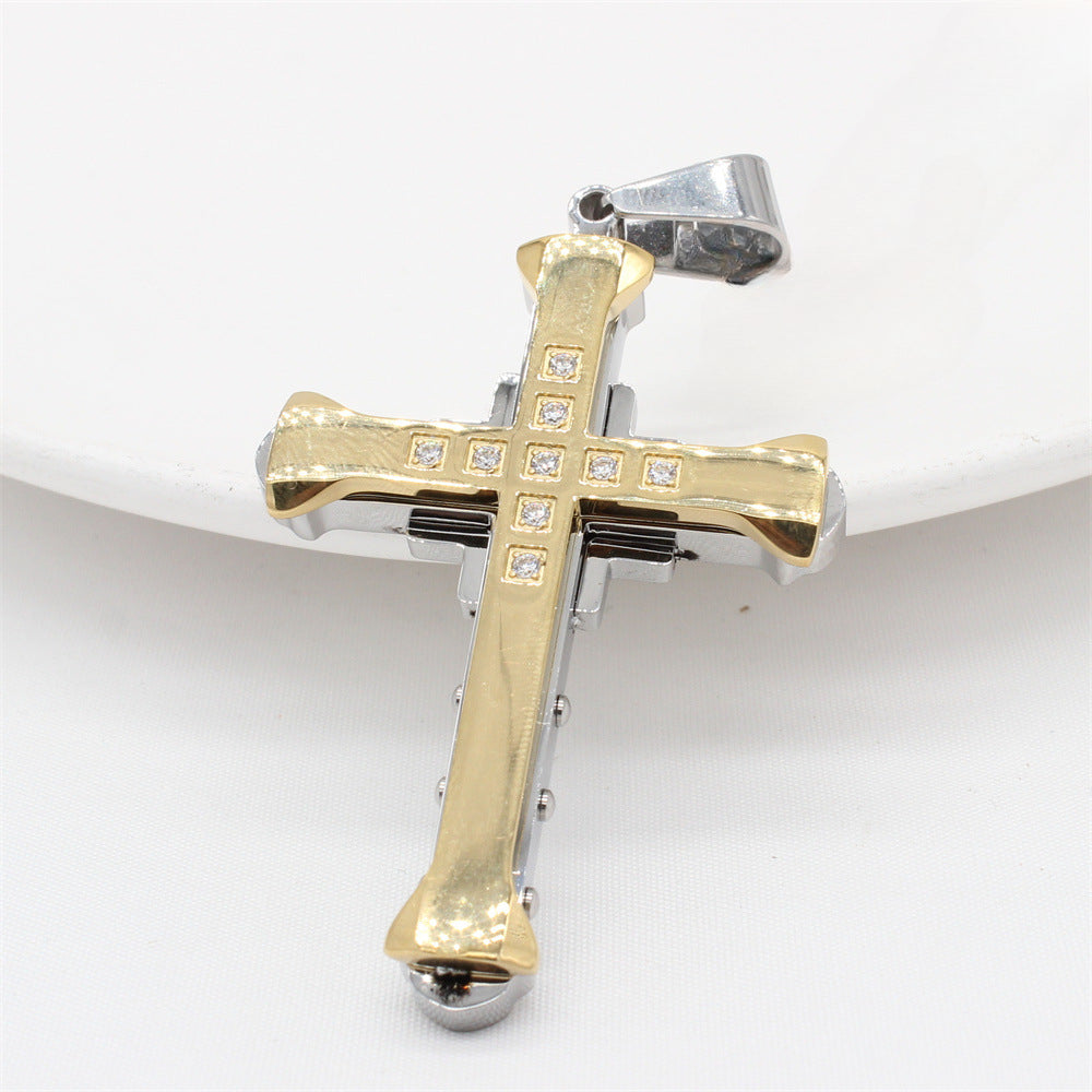 Double Layer Latin Cross Zircon Titanium Steel Pendant for Men