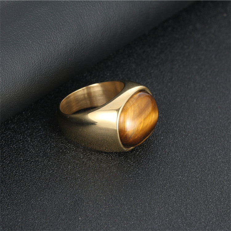 Fashionable Titanium Steel Tiger's Eye Ring for Men and Women - Stylish Oval Design