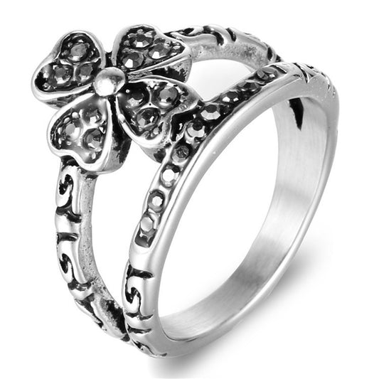 Punk-Inspired Four-Leaf Clover Titanium Steel Ring with Black Zircon Accents for Men and Women