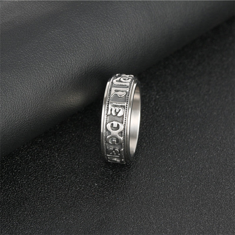 Titanium Steel Punk Turning Ring with Six-Character Mantra for Men