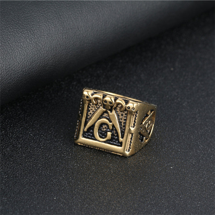 Bold Gothic Masonic Titanium Steel Ring for Men - Punk Style Religious Accessory in Gold Finish