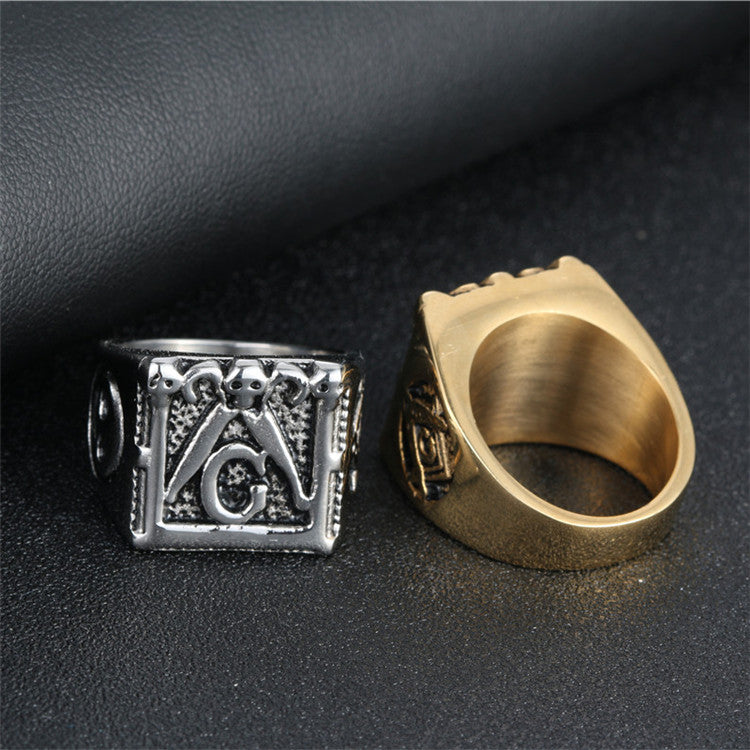 Bold Gothic Masonic Titanium Steel Ring for Men - Punk Style Religious Accessory in Gold Finish