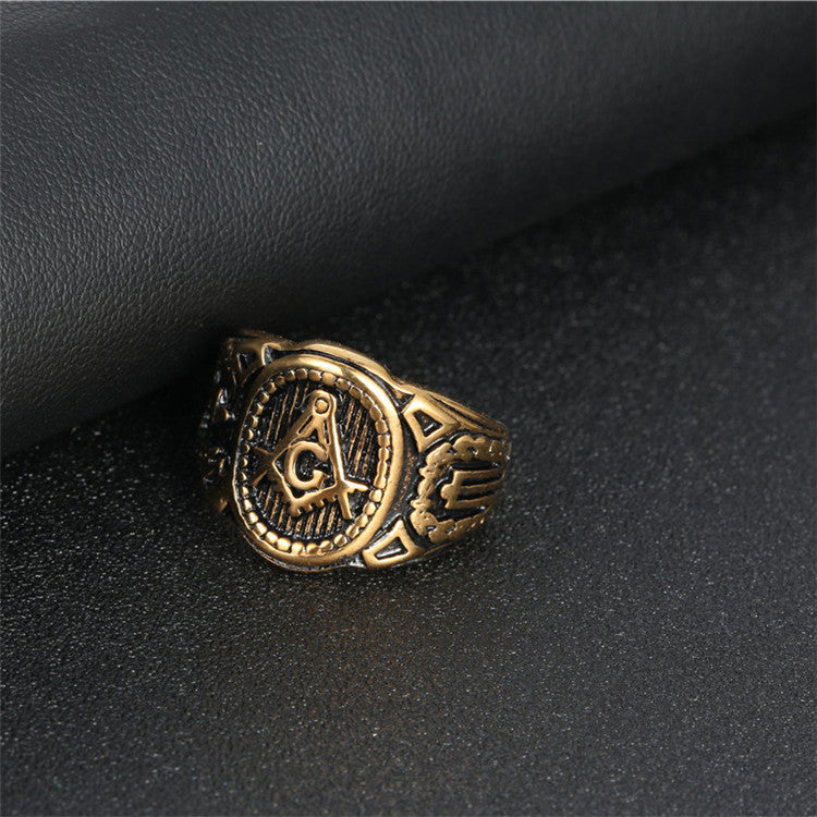 Titanium Steel Gold Freemason Ring for Men - Punk-Inspired Trendy Accessory