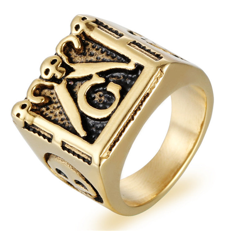 Bold Gothic Masonic Titanium Steel Ring for Men - Punk Style Religious Accessory in Gold Finish