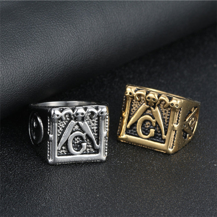 Bold Gothic Masonic Titanium Steel Ring for Men - Punk Style Religious Accessory in Gold Finish