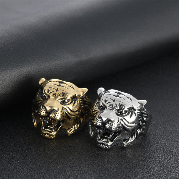 Titanium Steel Retro Tiger Head Ring for Men - Bold European and American Jewelry