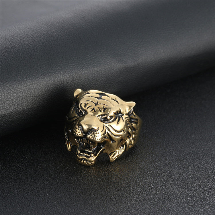 Titanium Steel Retro Tiger Head Ring for Men - Bold European and American Jewelry