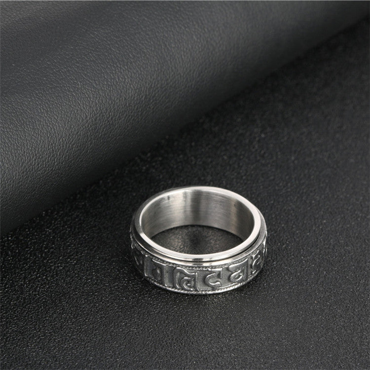 Titanium Steel Punk Turning Ring with Six-Character Mantra for Men