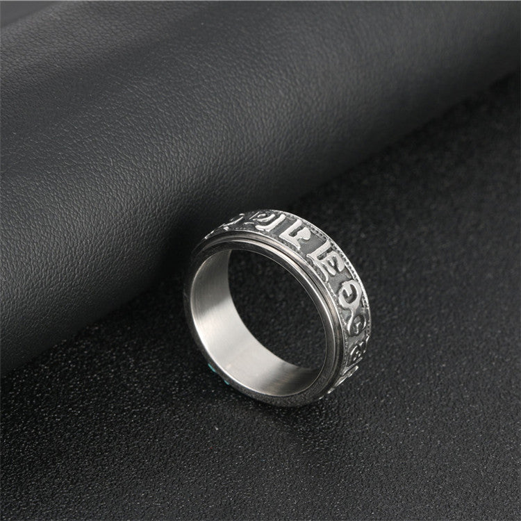 Titanium Steel Punk Turning Ring with Six-Character Mantra for Men