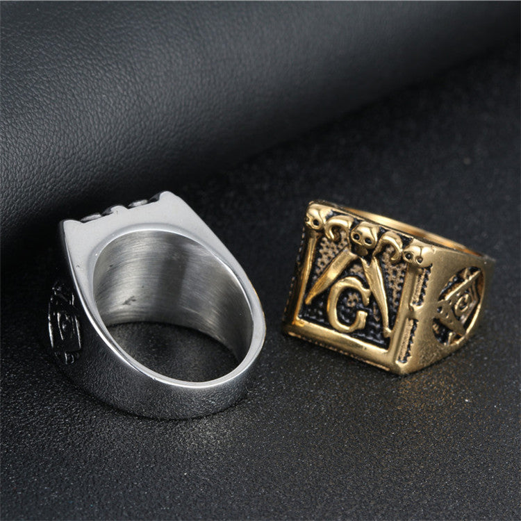 Bold Gothic Masonic Titanium Steel Ring for Men - Punk Style Religious Accessory in Gold Finish