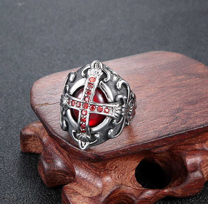 Bold Retro Stainless Steel Ring for Men with Personalized Titanium Cross and Red Stone Accent