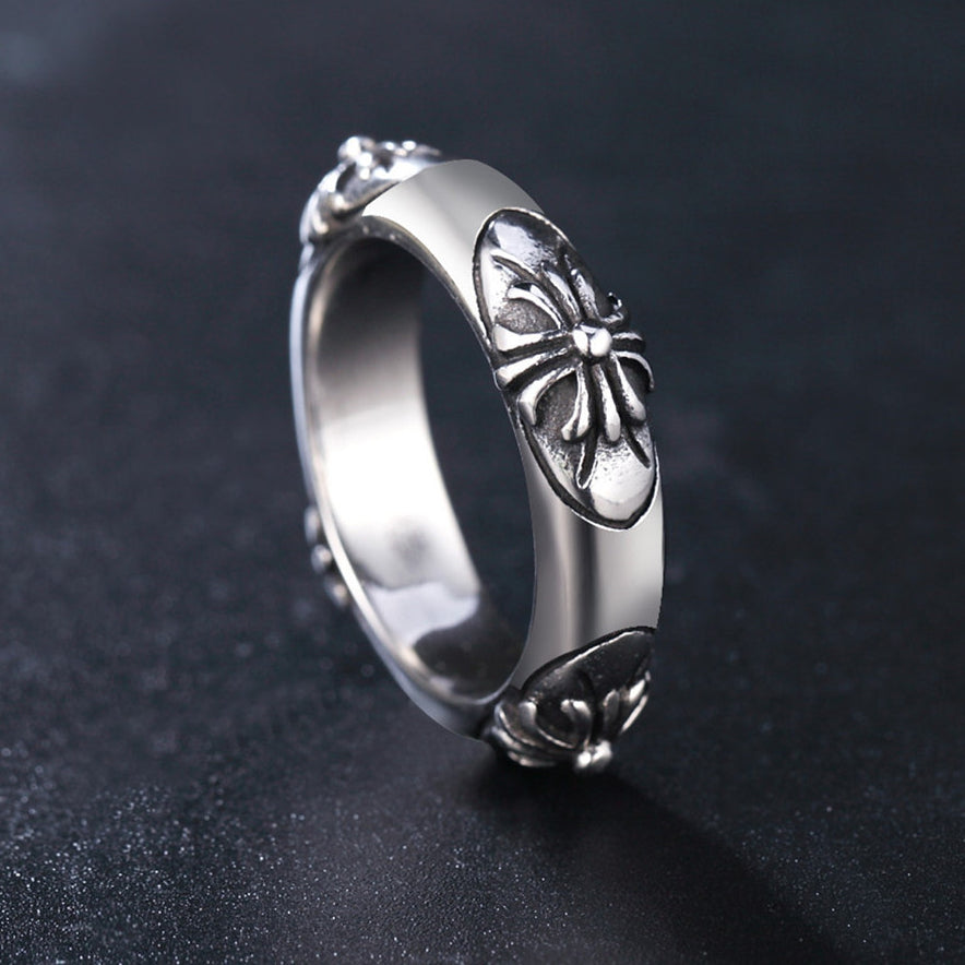 Four Carved Cross Flower Titanium Steel Ring for Men