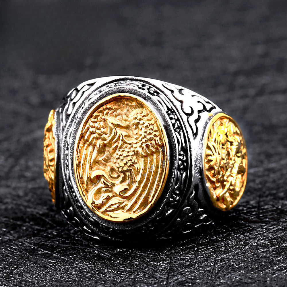 Engraved Titanium Steel Dragon and Phoenix Chengxiang Ring for Men - Personalized Ethnic Jewelry Wholesale, Sizes 7-13