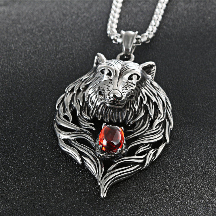 Titanium Steel Wolf Head Pendant Necklace with Zircon Accents for Men - Trendy Punk Retro Design