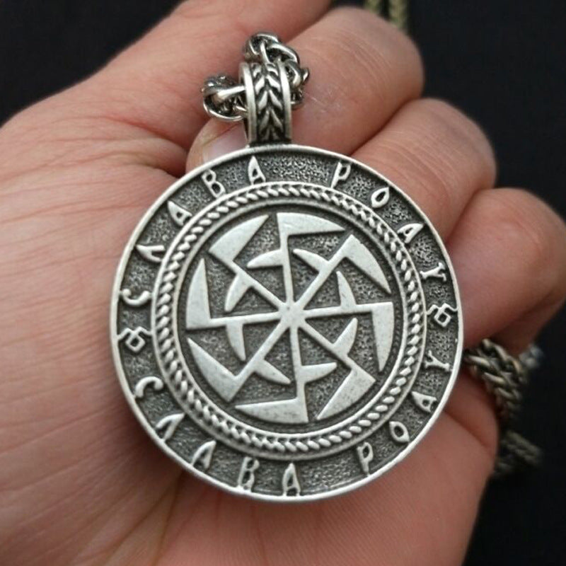 Viking Sun Gear Metal Necklace with Kolovrat Pendant for Men