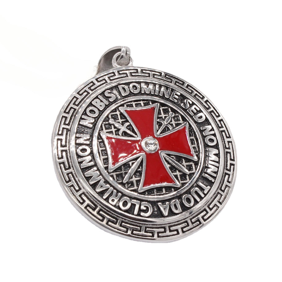 Red Teutonic Cross Round Shield Titanium Steel Pendant for Men