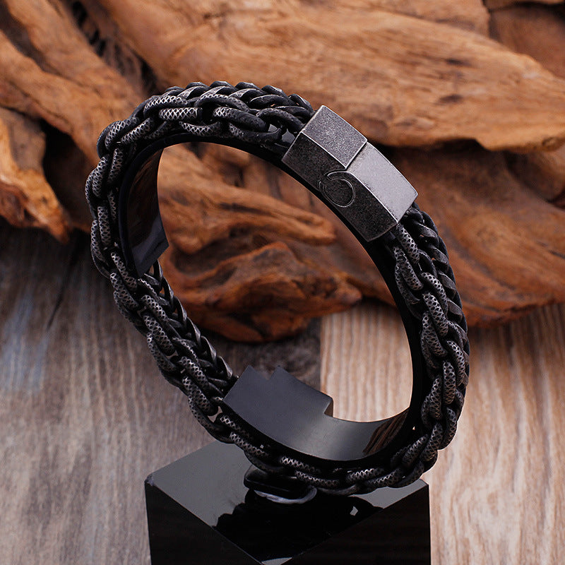 Trendy Punk Rock Double-Layer Stainless Steel Bracelet for Men - Korean-Inspired Titanium Cross-Border Jewelry Gift