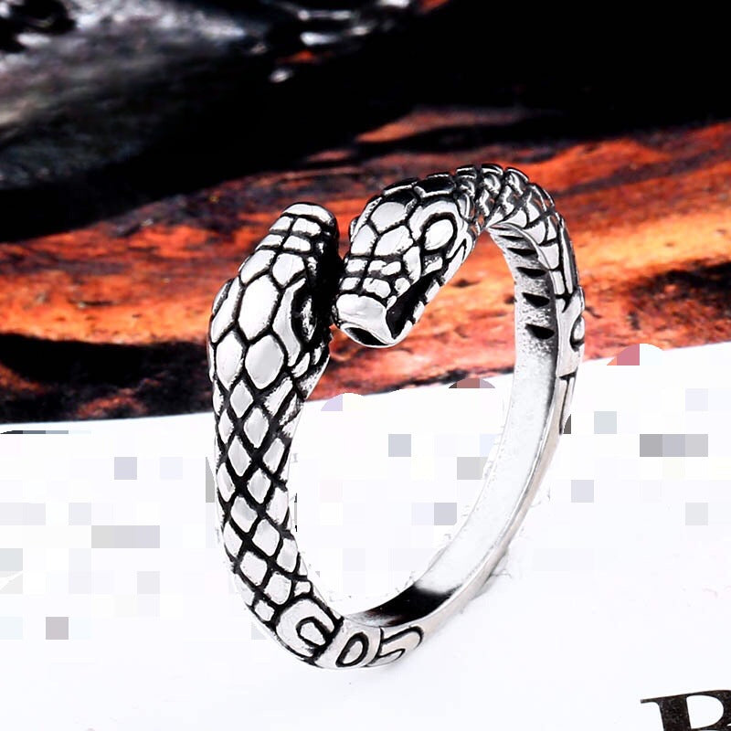 Retro Titanium Steel Double-Headed Snake Ring for Men - Bold European and American Jewelry