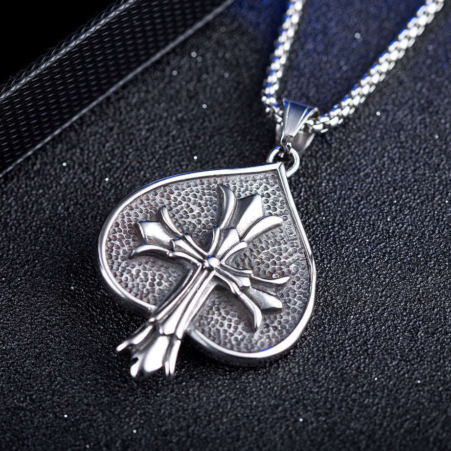 Spades Cross Flower Blue Turquoise Titanium Steel Necklace for Men