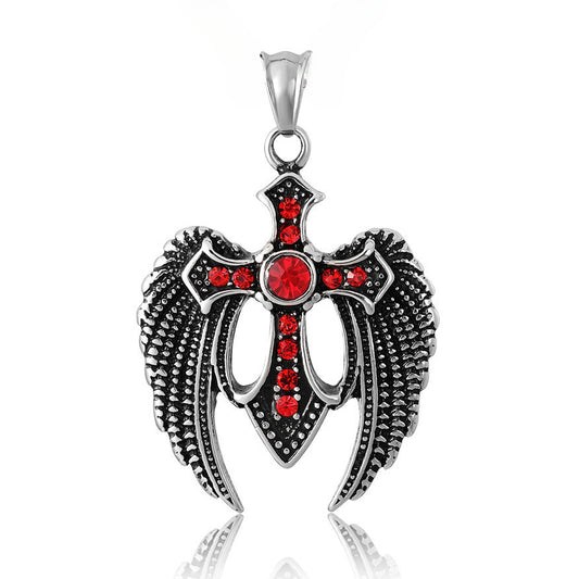 Fallen Angel Wings Zircon Cross Titanium Steel Pendant for Men