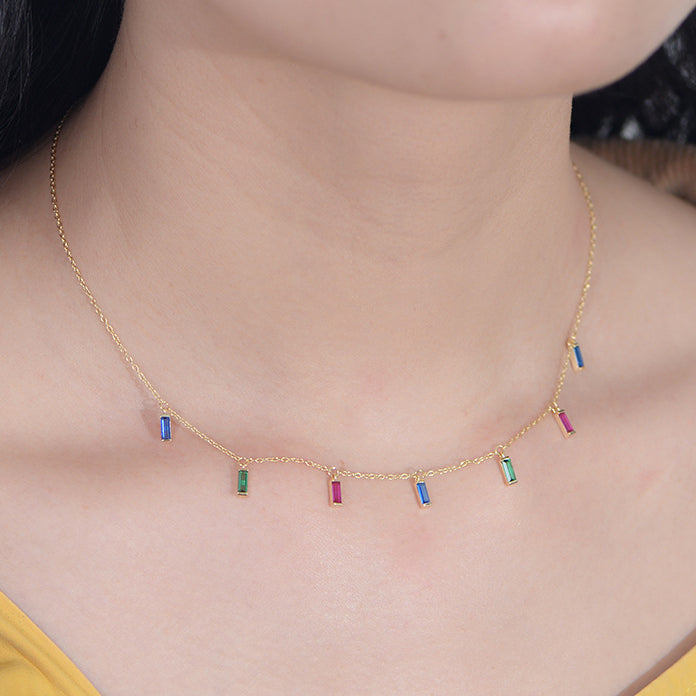 Small Rectangle Rainbow Zircons Silver Necklace