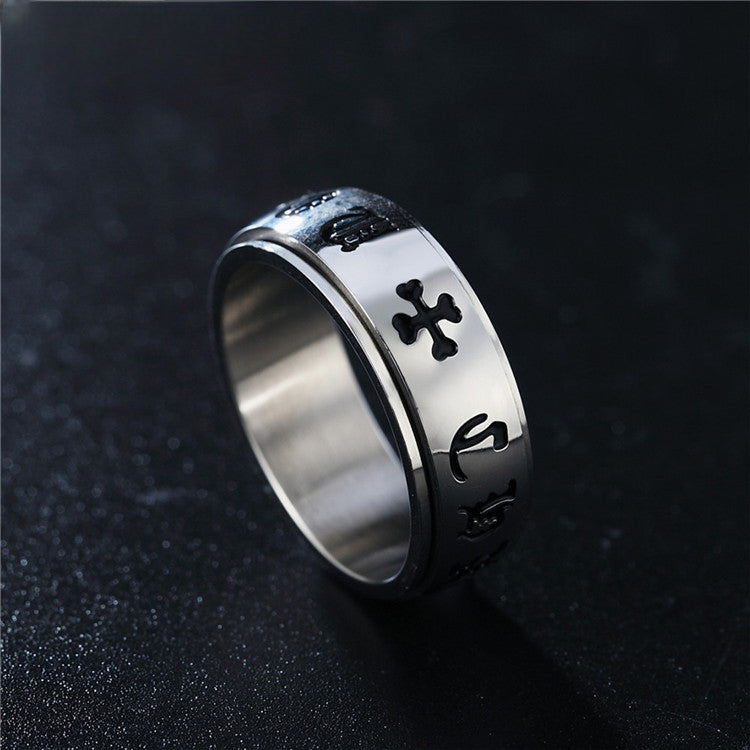 Cross Gothic Text Pattern Rotating Titanium Steel Ring for Men