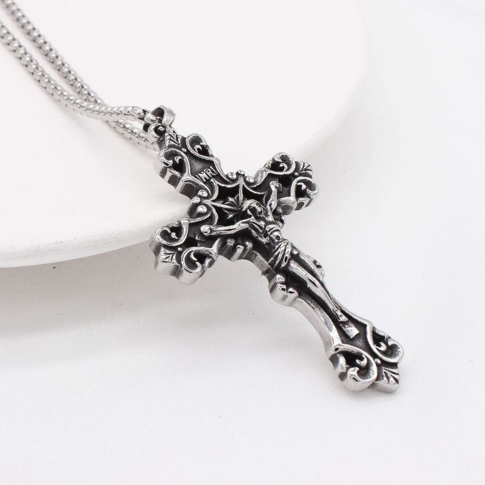 Jesus Latin Crucifix Flower Titanium Steel Pendant for Men