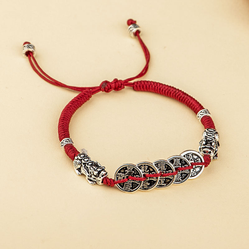 Chinese Style Sterling Silver Red Rope Bracelet for Attracting Wealth