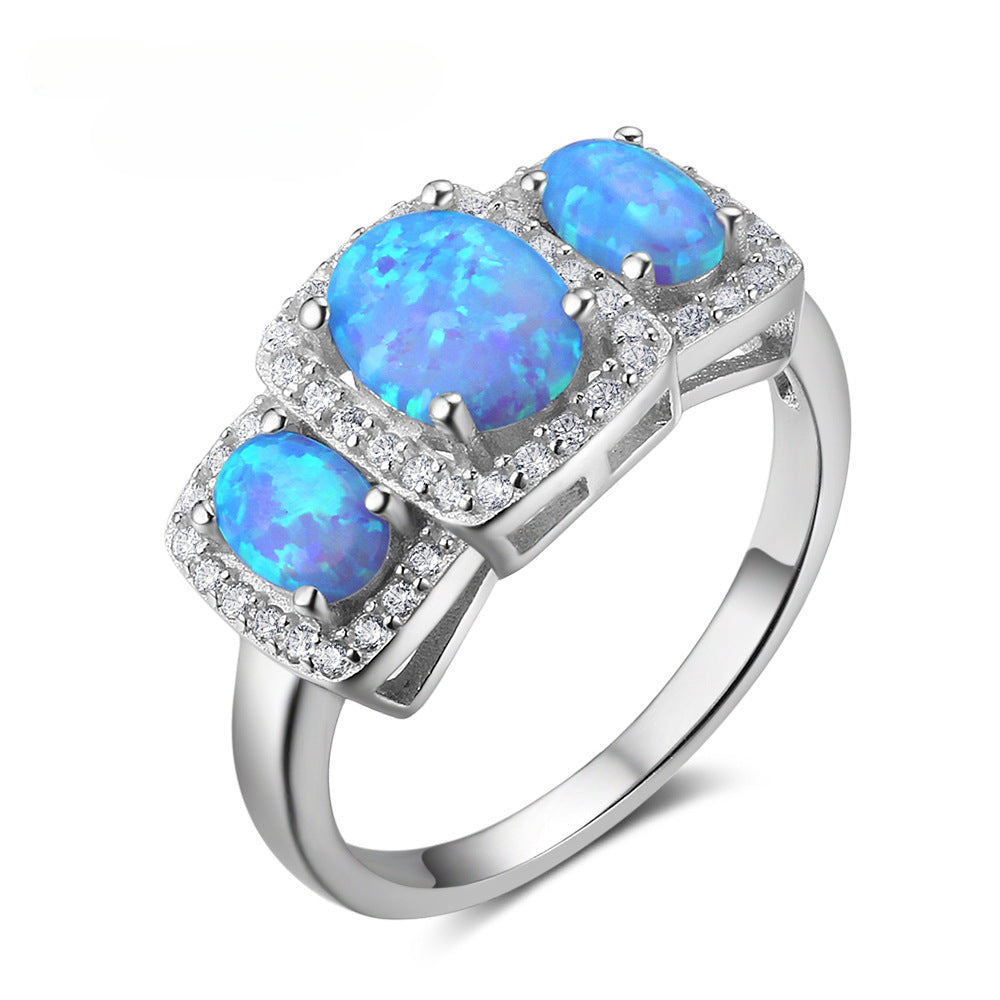 Three Oval Opal Soleste Halo Zircon Sterling Silver Ring