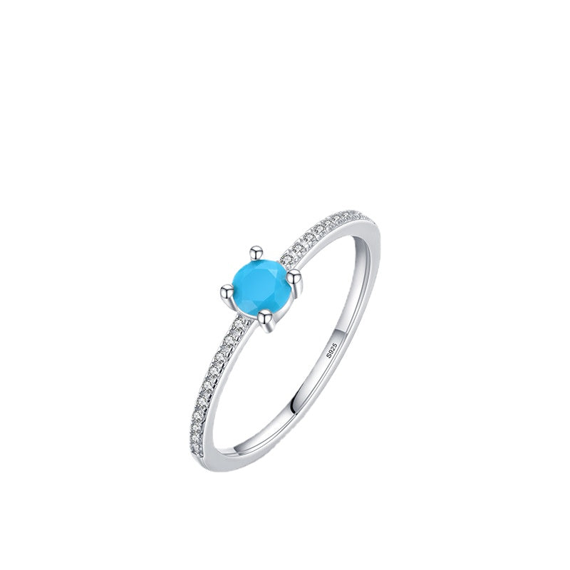 Korean Style Sterling Silver Ring with Turquoise and Zircon for Women