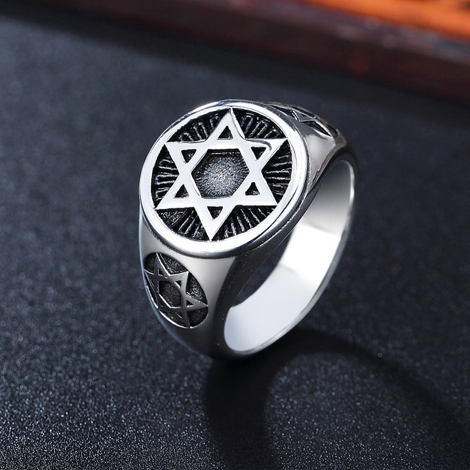 Personality Retro New Six-pointed Star Titanium Steel Ring for Men