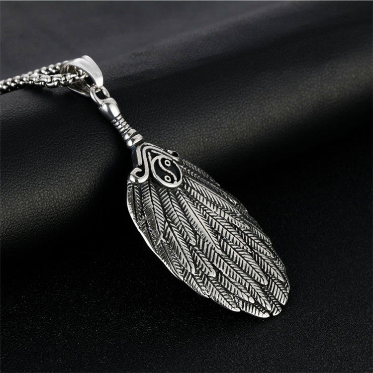 Titanium Steel Feather Pendant Necklace for Men - Retro Punk Style Tai Chi Baga Kongming Fan Design