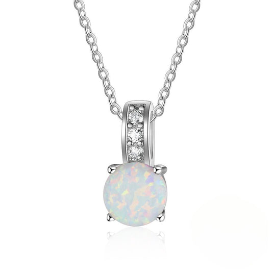 Round Opal Zircon Circle Ring Sterling Silver Necklace