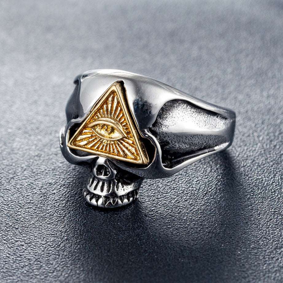 Halloween Skull Freemasonry Triangle Titanium Steel Ring for Men