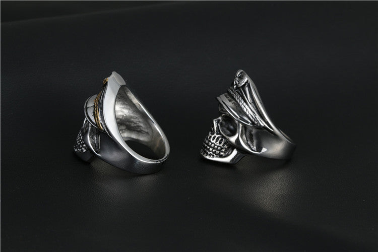 Titanium Steel Vintage Punk Double Eagle Skull Officer Ring for Men - Unique Undead Legion Style