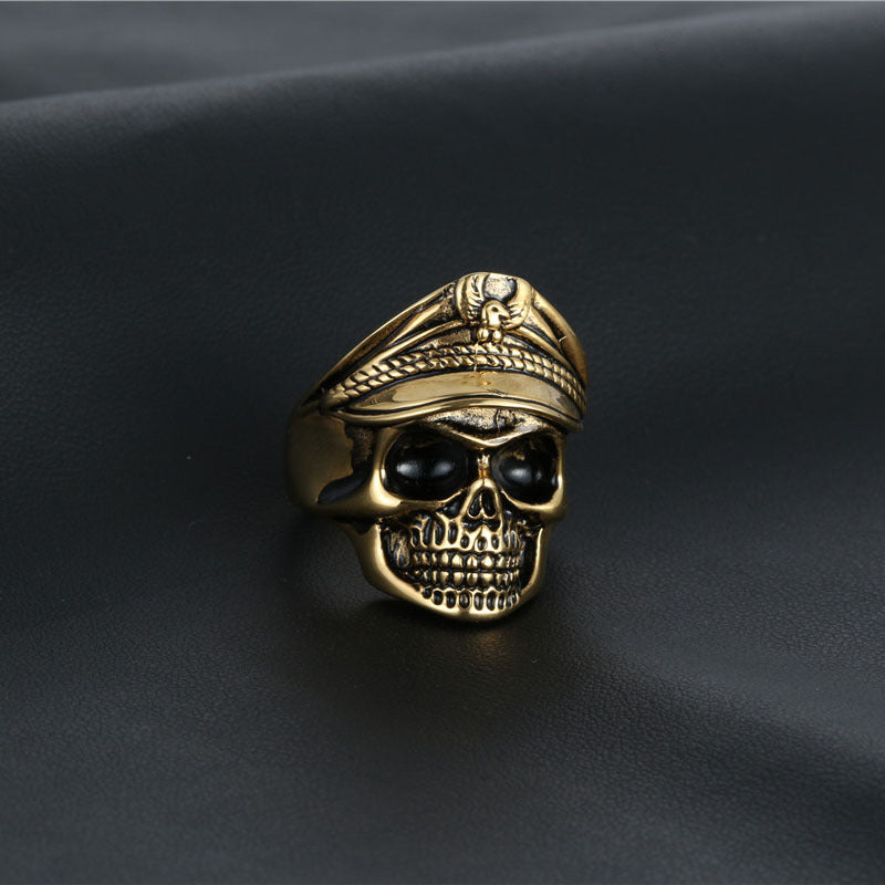 Titanium Steel Vintage Punk Double Eagle Skull Officer Ring for Men - Unique Undead Legion Style