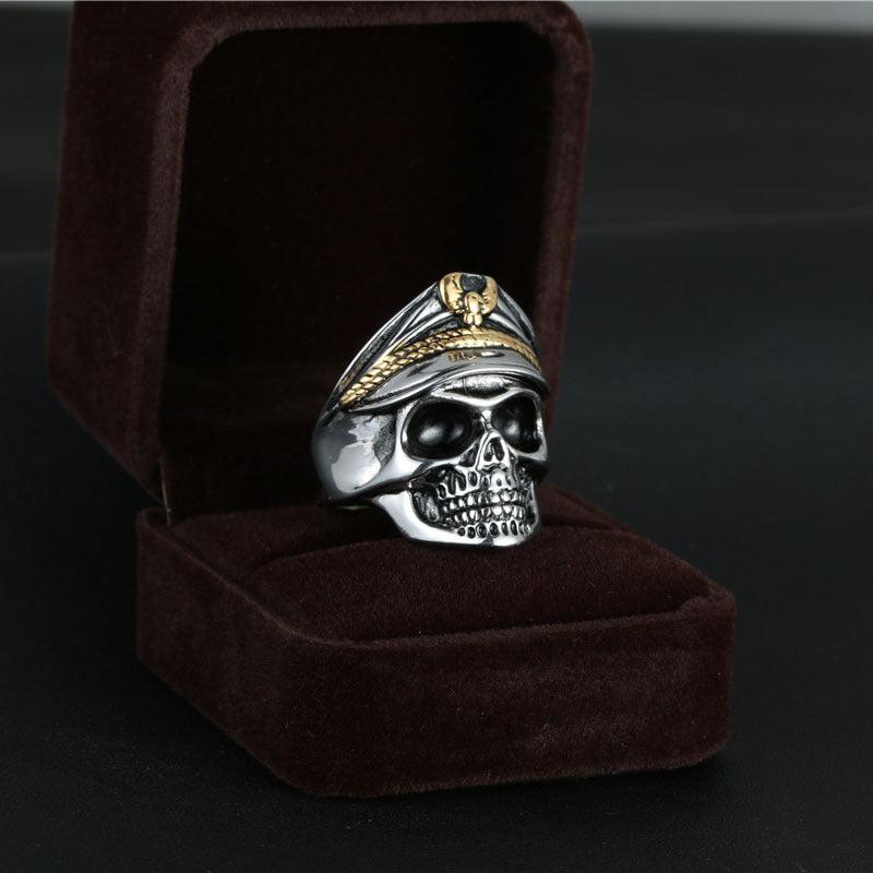 Titanium Steel Vintage Punk Double Eagle Skull Officer Ring for Men - Unique Undead Legion Style