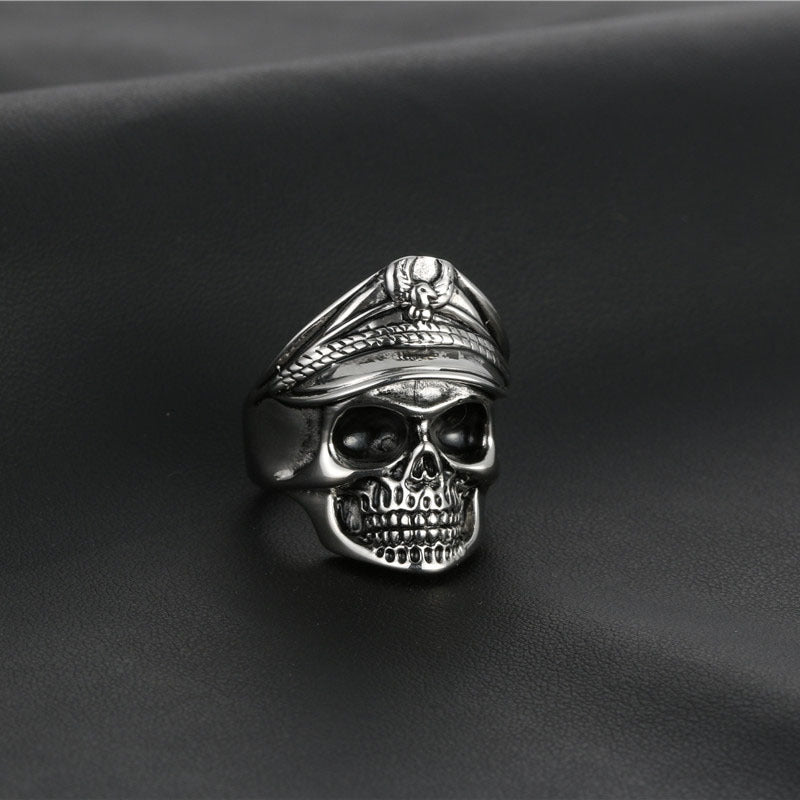 Titanium Steel Vintage Punk Double Eagle Skull Officer Ring for Men - Unique Undead Legion Style