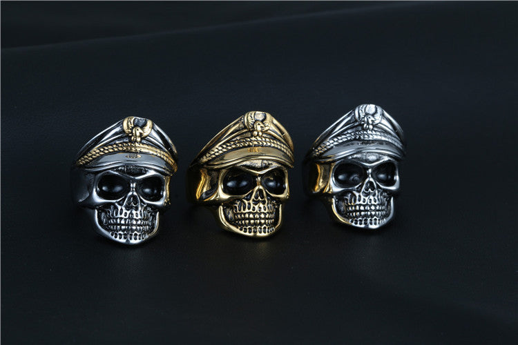 Titanium Steel Vintage Punk Double Eagle Skull Officer Ring for Men - Unique Undead Legion Style