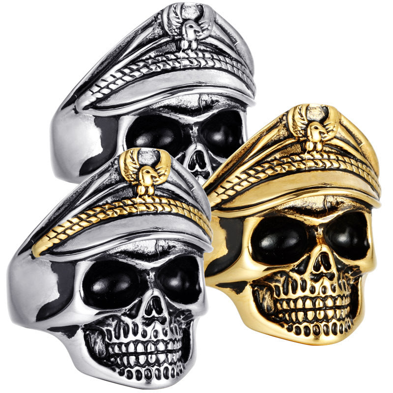 Titanium Steel Vintage Punk Double Eagle Skull Officer Ring for Men - Unique Undead Legion Style