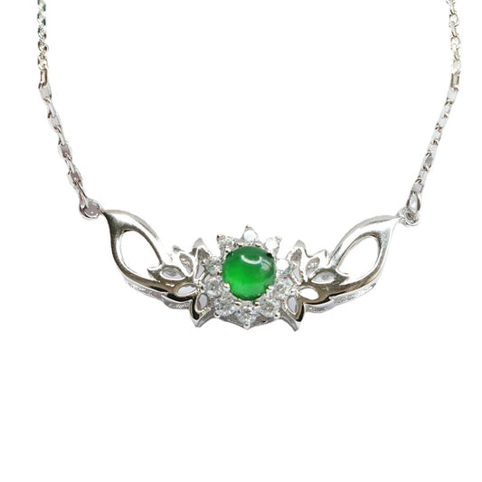 Ice Emperor Green Jade Lotus Necklace with Zircon Accent