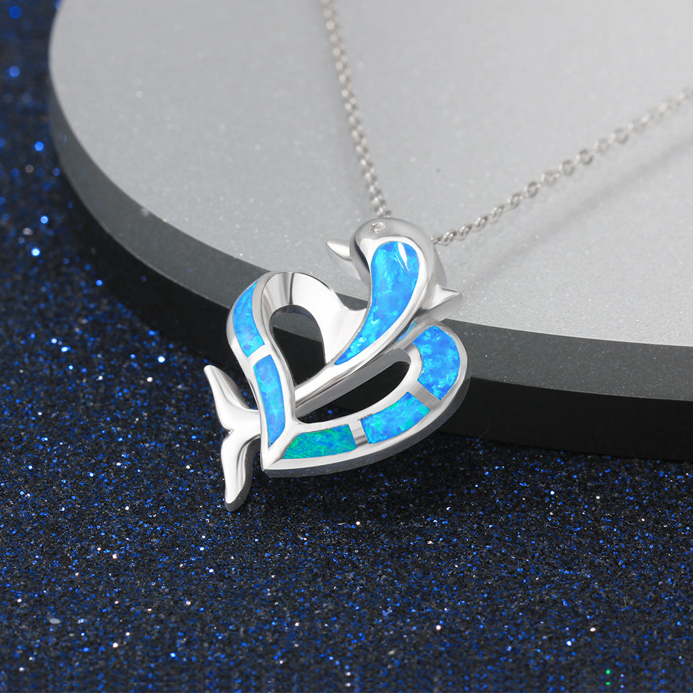 Dolphin Heart Pendant Blue Opal Sterling Silver Necklace