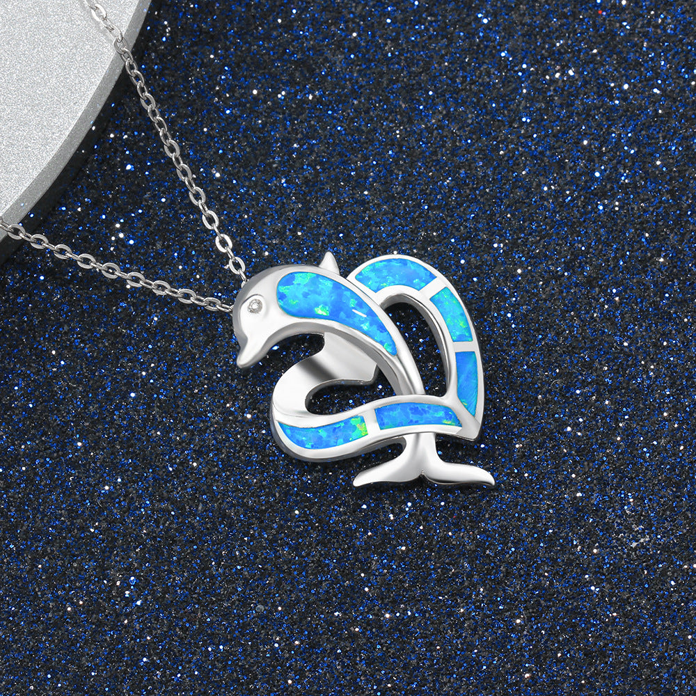 Dolphin Heart Pendant Blue Opal Sterling Silver Necklace